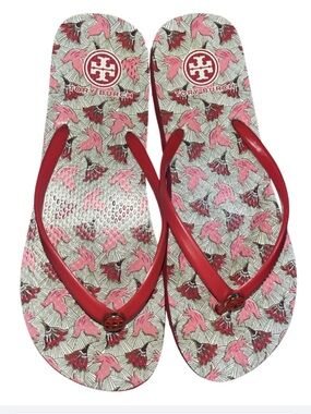 EUC Tory Burch Red & Pink Dove Printed Flip Flops (Sizes 8-9)
